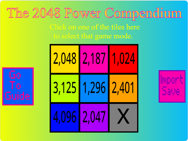 A 3x3 square grid of colored tiles, each of which has a 4-digit number on it (except for the bottom-right tile, which has an X on it instead).